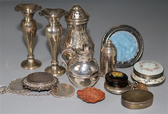 Pair silver vases, two silver pepper pots, mustard pot, silver port & sherry labels, enamelled pill box, two boxes and a photo frame